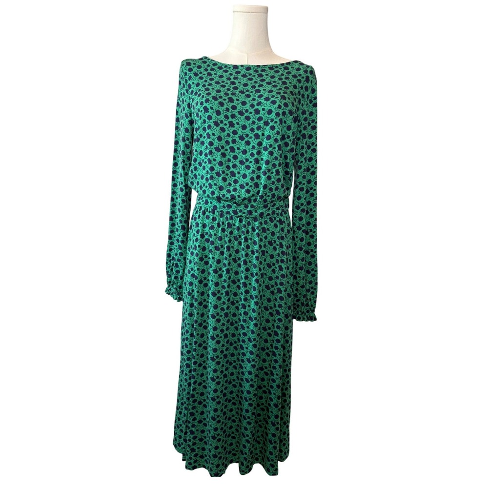 Boden Womens Green Navy Blue Floral Jersey Midi Dress Long Sleeve Size 8R Modest